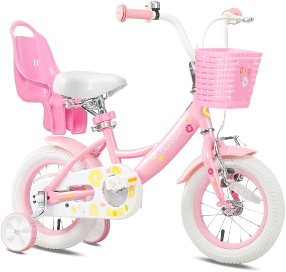 Glerc Maggie 12 Inch Girls Bike Ages 1 2 3 4 Years Old Kids Bicycle Princess Style with Doll-Seat & Basket & Training Wheels & Bell for Birthday, Pink & White