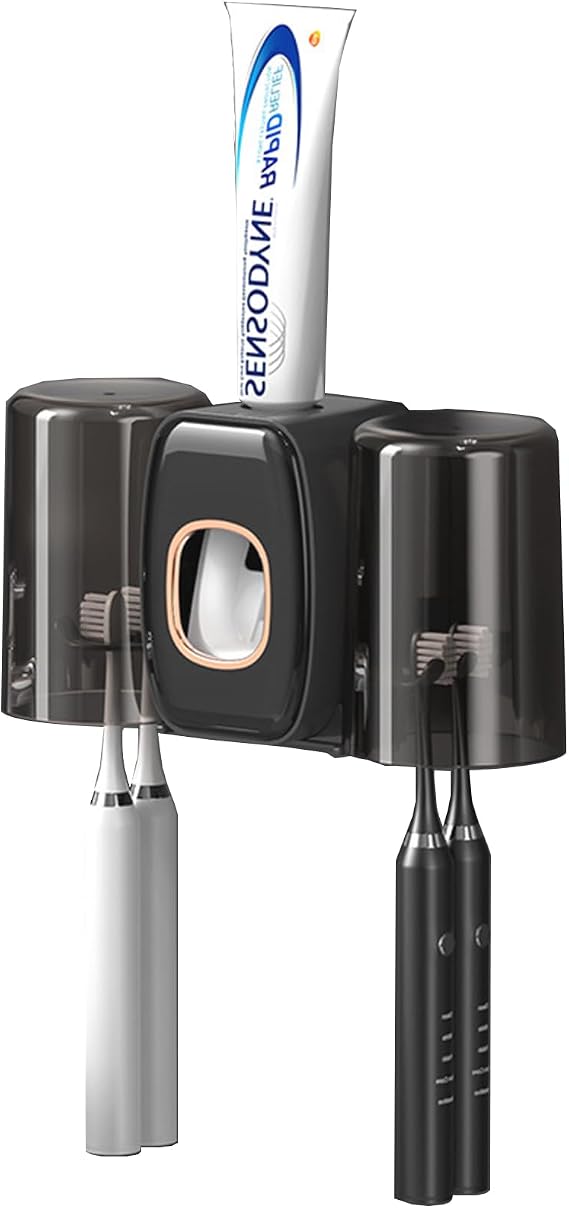 toothbrush holder wall mounted, toothpaste dispenser, electric toothbrush holder, With 4 Brush Slots 2 Cups No Drilling Required (Black)