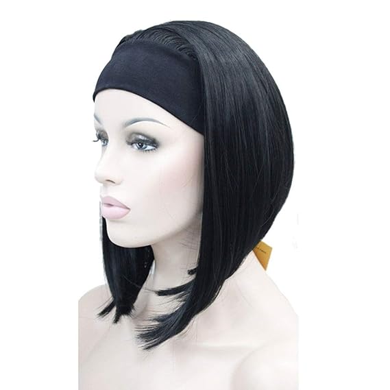 Lydell Short Straight Bob Headband Wig 3/4 wig short half Synthetic hair wig (Black)