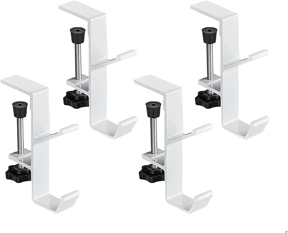 Desk Mount Bag Holder Hook Clamp, Adjustable Hooks,On Backpack Hanger Portable Desk Mount Headphones Holder for Reduce Desk Clutter Table Desk Table Hanging Storage (White, 4 PCS)