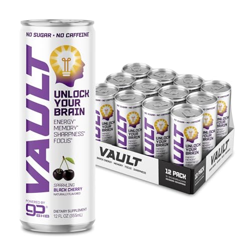 VAULT Caffeine Free Brain Energy Drink Nootropic for Mental Focus Sharpness Memory and Reaction Time No Crash or Jitters Sugar Free 12 Fl Oz Pack of 12 Tart Cherry Flavor