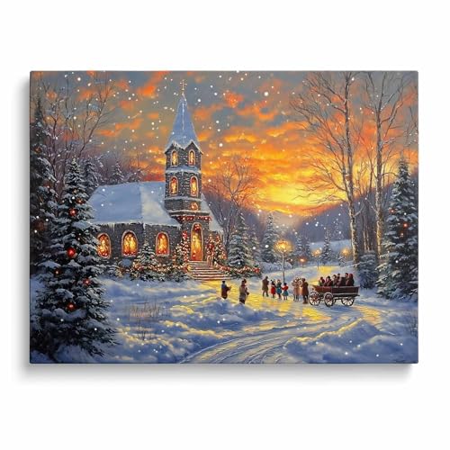 ART Christmas Canvas Wall Decor Snowy Church Sunset Canvas Print Holiday Decor Festive Winter Scene with Horse-Drawn Wagon Carolers PIctures Wall Painting for Family Decor 24x30inch