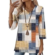 AKEWEI 3/4 Length Sleeve Cotton Linen Womens Tops V Neck Loose Fit Dressy Casual Blouse Flowy Shirts Womens Clothing