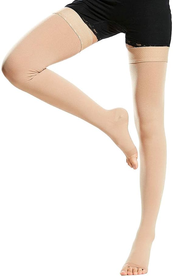 Beister 1 Pair Medical Open Toe Thigh High Compression Stockings with Silicone Band for Women & Men, Firm 20-30 mmHg Graduated Support for Varicose Veins, Edema, Flight.