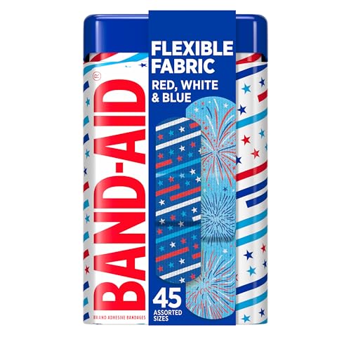 BAND-AID Brand Flexible Fabric Adhesive Bandages, Comfortable Flexible Protection & Wound Care for Minor Cuts & Scrapes, First Aid Bandage with Red, White & Blue Designs, Assorted Sizes, 45 ct