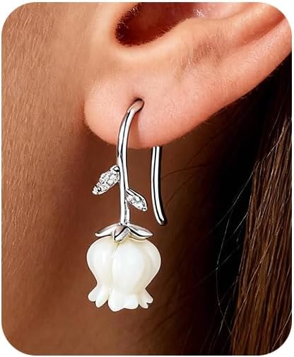 925 Sterling Silver Lily of the Valley Earrings White Lily Flower Rhinestone Fairy Earrings Cute Dangling Flower Earrings for Women Gift