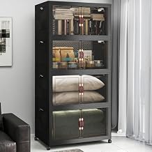 Extra Large Stackable Storage Bins, Lockable Storage Bins with Lids, Folding Storage box with Doors and Wheels, Collapsible Plastic Drawers for Home, Garage, Office (4, Black, Extra Large)