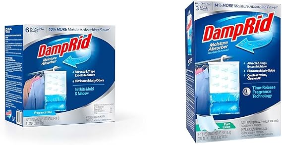 DampRid Fragrance Free Hanging Moisture Absorber, 15.4 oz., 6 Pack - Eliminates Musty Odors & Pure Linen Hanging Moisture Absorber, 16 oz., 3 Pack - Eliminates Musty Odors for Fresher