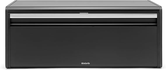 Brabantia Rectangular Fall Front Bread Box | Matt Black | Large Metal Front Opening Bread Store for Kitchen Countertop | Flat Top for Extra Storage, Magnet Closing Lid | Fits 2 Loaves