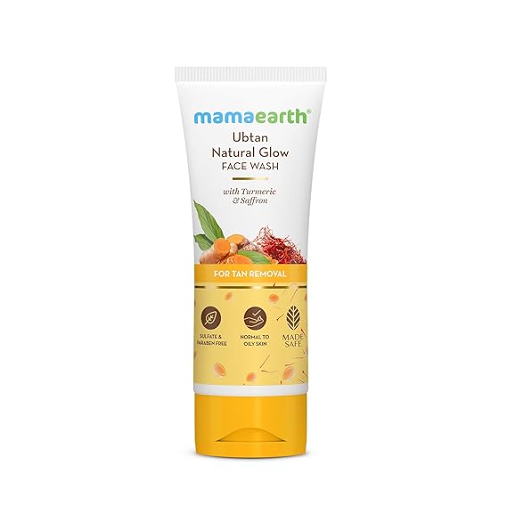 Mamaearth Ubtan De Tan Face Wash | Helps Reduce Tanning & Sun Damage | Gently Cleanses Dirt & Excess Oil | Enriched with Turmeric & Saffron | 3.38 Fl Oz (100ml)