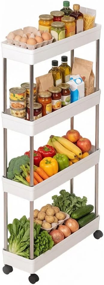 4-Tier Narrow Slim Storage Trolley Cart Slide-out Rolling Utility Mobile Shelving Space Organizer Shelf Rack Storage Cart on Wheels for Kitchen Bathroom Laundry Room Narrow Places (4-Tier, No Armrest)
