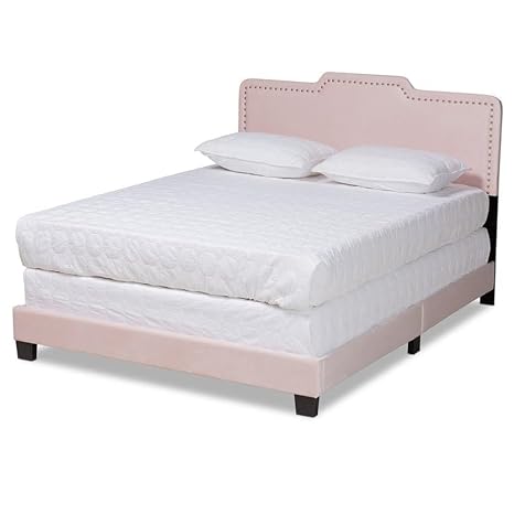 BENJEN Modern and Contemporary Glam Light Pink Velvet Fabric Queen Size Panel Bed