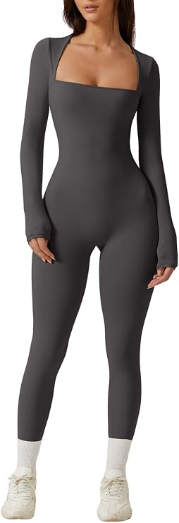 QINSEN Womens Sexy Square Neck Long Sleeve Full Length Leggings Bodycon Stretch Jumpsuit