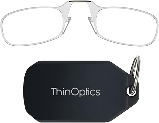 ThinOptics Keychain Case and Readers Rectangular Reading Glasses, Clear Frames / Black Case, 44 mm + 1.5