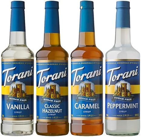 Torani Sugar Free Hot Chocolate Syrup Set (4 x 750ml) – Includes Hazelnut, Vanilla, Peppermint & Caramel – Zero Calorie, Sugar Free Coffee Syrups for Hot Chocolate, Lattes, Iced Coffee & More