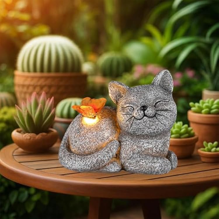 Solar Cat Garden Statue with Butterfly Light 5-Inch Outdoor Resin Figurine for Yard, Patio, Balcony Gifts for Women, Garden Decor Accent Cat