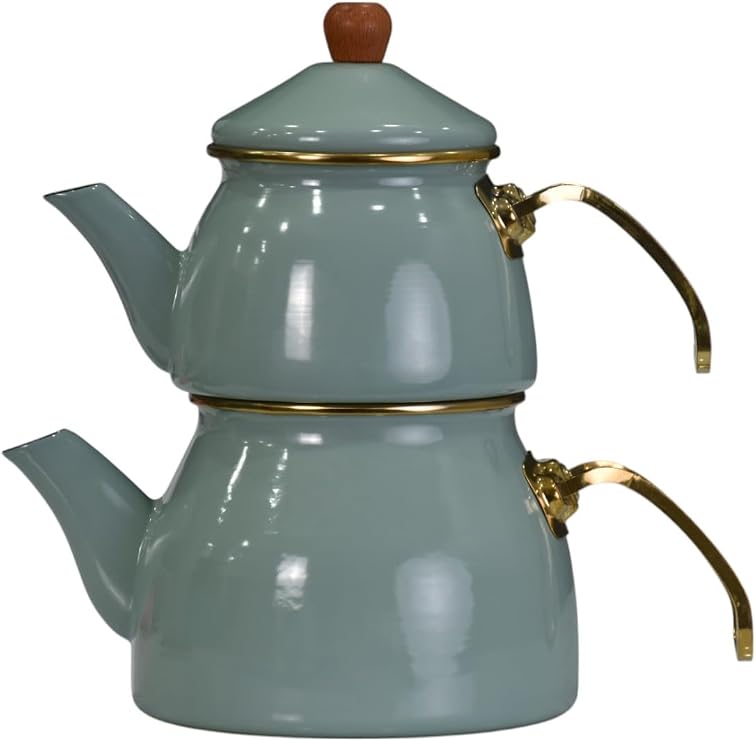 PR Home Soft Green Gold Model Emaye Çaydanlık