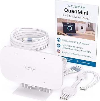 Waveform QuadMini Antenna 4x4 MIMO External Antenna, Omnidirectional Antenna for 4G/5G Routers & Gateways with 40 Total Cable - 2X 10' + 1x 20' UltraFlex-Quad Cables: Low-Loss Quad-195 Extension