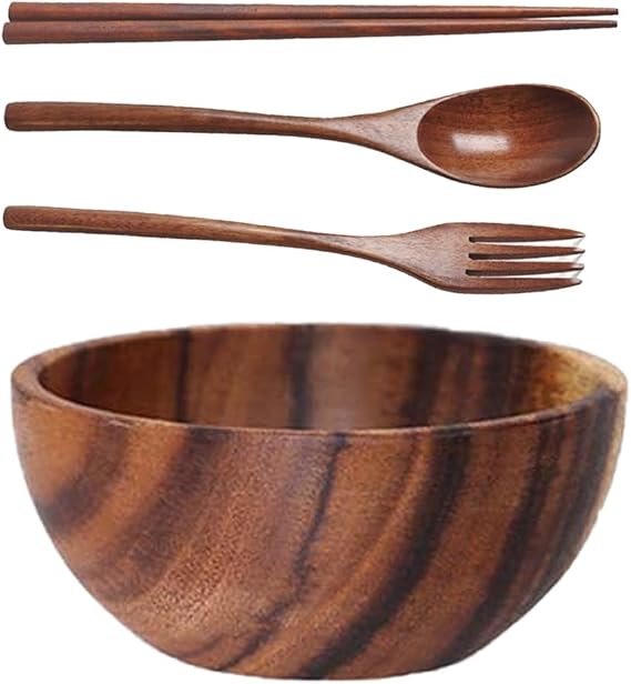 Kopida Large Acacia Wood Round Serving Bowl with Utensils Wooden Forks and Spoons for Fruit Salad Vegetables Pasta Soup Cereals Decorative Wooden Nest Bowl Ramen Bowl, 6.3" Diameter x 3" Height