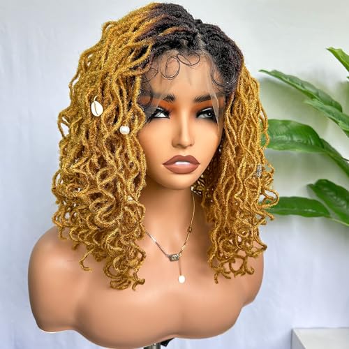 SOKU Faux Locs Wig Full Lace 14 Inch Curly Dreadlocks Ombre Strawberry Blonde Twist Faux Locs Wigs for Balck Women Afro Curly Crochet Braided Synthetic Wig