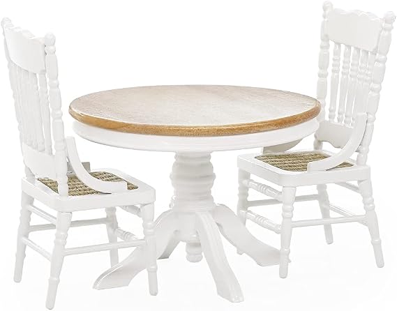 Odoria Dollhouse Dining Table Chairs: 3Pcs 1/12 Scale Miniature Dining Set for Kitchen Dining Room Modern - Mini Wooden Furniture Round Table White and Burlywood