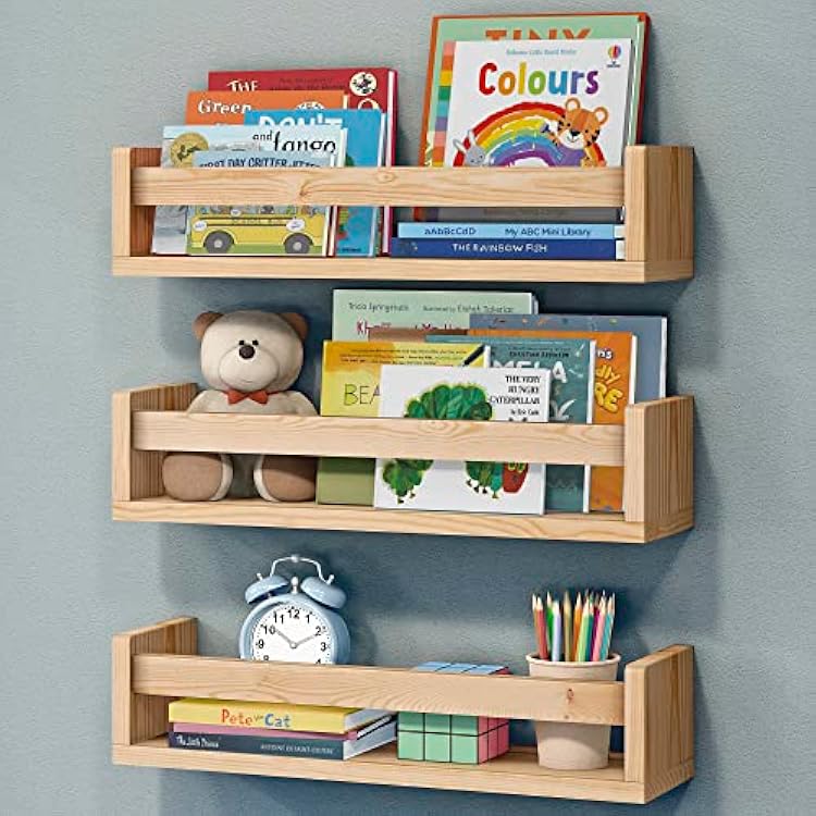 NATURE SUPPLIES Nursery Book Shelves, Set of 3 Floating Bookshelves for Wall for Nursery Decor & Playroom Decor, Bookshelf Kids, Baby Book Shelf Organizer Natural Wood