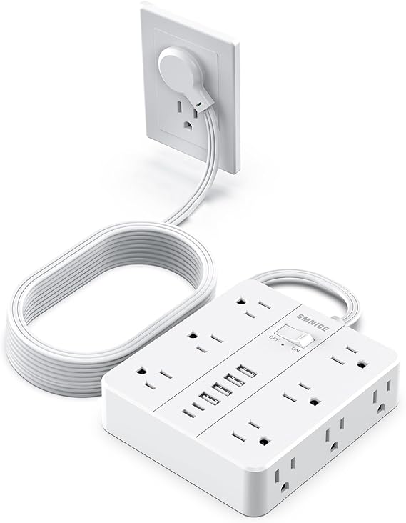 Power Strip 15 Ft Extension Cord, 12 Widely Spaced Outlets 6 USB (2 USB C) Ports, Ultra Thin Flat Plug Power Strip for Home, Office, Dorm Room Essentials