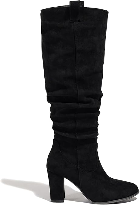 Seborluys Women's Suede Slouchy Knee High Boots Block High Heel Round Toe Tall Boots With Side Zipper Ruched Cowgirl Slouch Comfortable Dress Fashion Boot