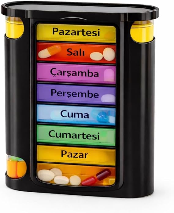 Coofbe BPA İçermez Haftalık İlaç Saklama Kutusu 4 Bölmeli 28 Gözlü Kilitli Kapaklı Hap İlaç Kutusu Siyah