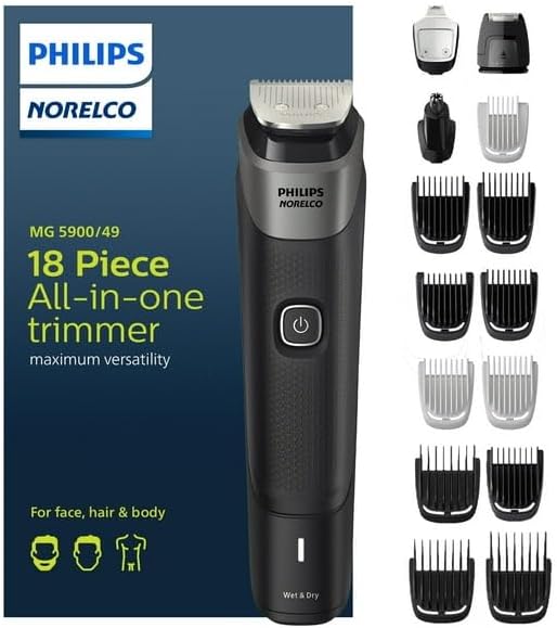 Multigroom Series 5000 18 Piece, Beard Face, Hair, Body and Intimate Hair Trimmer for Men - No Blade Oil MG5900/49, Fully Washable: Easy to Clean and Maintain
