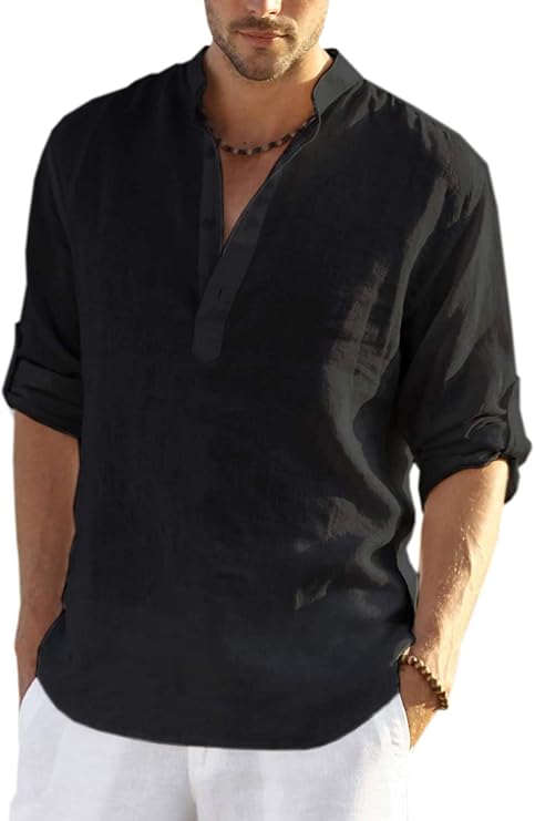 COOFANDY Men's Shirt Long Sleeve Henley Shirt Linen Shirt Cotton Casual Regular Fit Summer Shirt