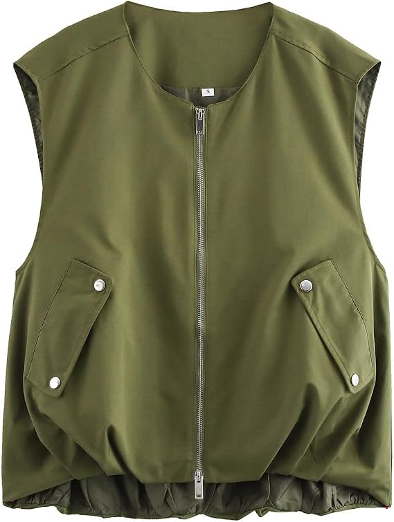 Women's Cargo Vest Casual Zip Up Sleeveless Jackets Oversized Ruched Hem Blazer Jackets Military Tops with Pockets