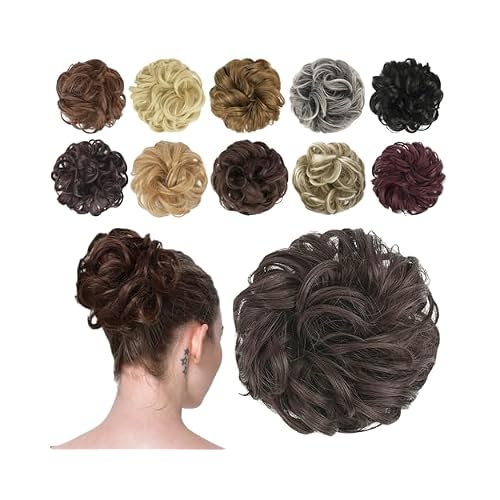 FESHFEN Messy Bun Hair Piece - Wavy Synthetic Chignon Scrunchies for Instant Volume, Elastic Ponytail Bun Hair Extensions Thick Hairpieces for Women, Dark Brown 1.50 oz