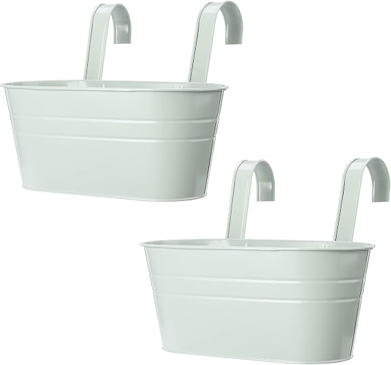 2 Pcs Metal Hanging Flower Plant Pots, Iron Plant Planter Baskets with Detachable Hooks, Wall Hanging Planter Bucket for Indoor Outdoor Fence Patio Garden, Blue