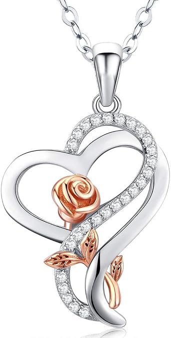 Desimtion Sterling Silver Eternal Rose Love Heart Necklaces for Women