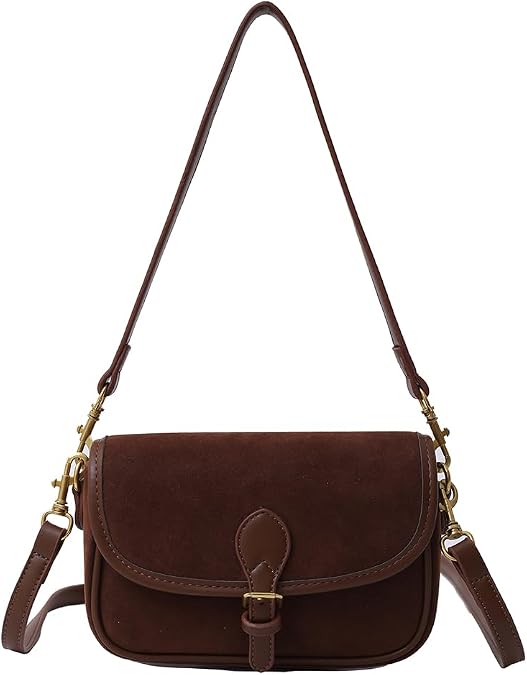 Snap Flap Suede Leather Saddle Bag for Women Vintage Crossbody Messenger Shoulder Bag Retro Handbag for Work Travel