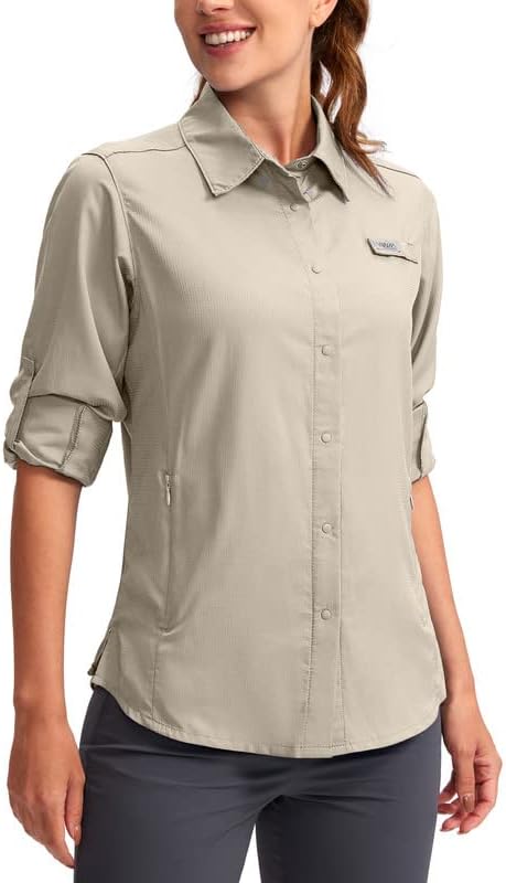 Womens Sun Protection Fishing Shirt with Zipper Pockets Lightweight SPF Long Sleeve Shirts for Hiking Safari