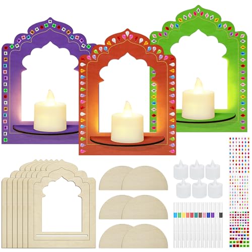 Cinrobiye 6 Set Diwali Decoration Craft Set Wooden Lotus Flower Lights Wooden Lotus Candle Holder Festival of Lights Deepavali Home Wall Decor for Temple Puja Indian New Year Party Activity Supplies