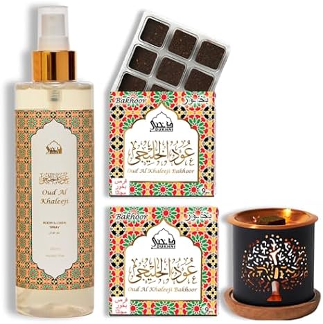 Oud Al Khaleeji Bakhoor Set & Attar Al Faraash by Dukhni | 2x9pc bakhoor, Signature Burner & 250ml Room Freshener Spray | Arabic Incense & Room, Linen Mist | Rose Oud Blend | Perfect for Prayer Time