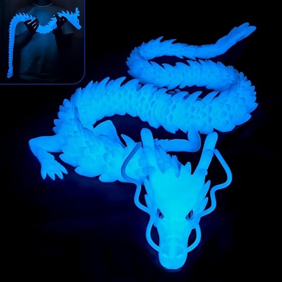 40inch Large 3D Printed Dragon,3D Printed Stuff Animals Toys (Glow-Blue)