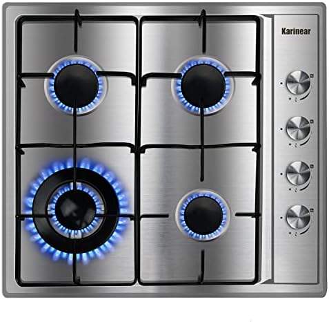 Karinear 24 Inch Gas Cooktop - 4 Burner Stainless Steel Gas Hob, NGLPG Dual Fuel with Thermocouple Protection for Apartments Includes Pressure Regulator