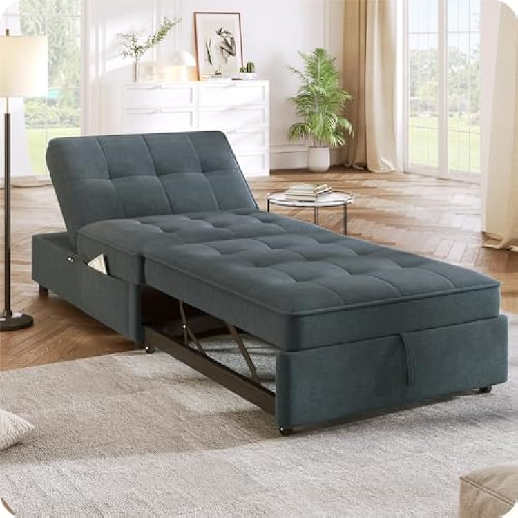 Convertible Sofa Chair Bed, 4-in-1 Armless Sleeper Folding Ottoman Sofa Bed with Adjustable Backrest, Pocket and USB Port for Small Room Apartment,Living Room,Bedroom Blue Gray
