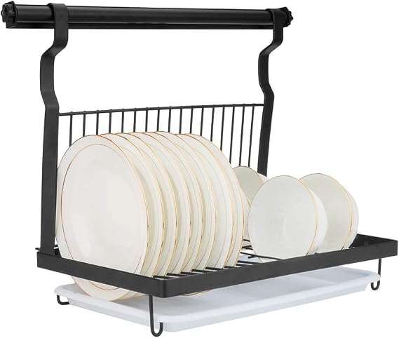 Wall-Mounted Dish Rack with Hanging Rod, Foldable Dish Drying Rack with Drainboard, Stainless Steel Dish Drainer, Black