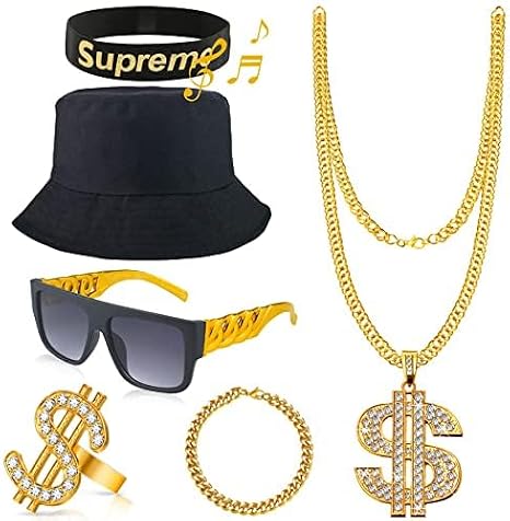 80s 90s Hip Hop Costumes Outfit,6PC Rapper Themed Party Cosplay Outfits Accessories,Fake Gold Money Chain,Dollar Sign Finger Ring for Men Boy Rock Star,Punk Sunglasses