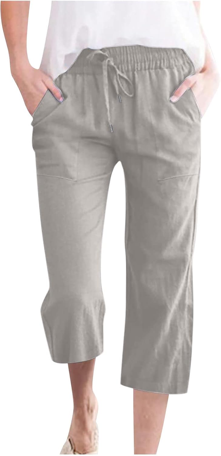Women's Pants Elastic Waist Drawstring Casual Pure Color Straight Leg Sweatpants Ladies Cotton Linen Cropped Trousers