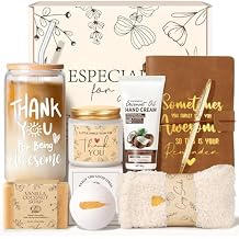 Thank You Gifts for Women, Employee Appreciation Gift Box for Coworkers, Teachers, Boss, Relaxing Self Care Thank You Gift with 16oz Glass Cup, Notebook, Candle & Spa Items