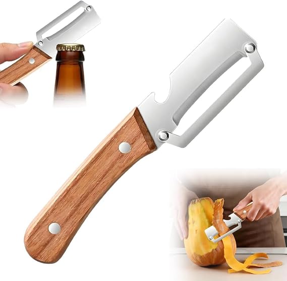 Multi-Functional Vegetable Peeler for Kitchen, 2-in-1 Stainless Steel Kitchen Tool with Wooden Handle and Bottle Opener for Fruit Apple Potato Pumpkin Papaya