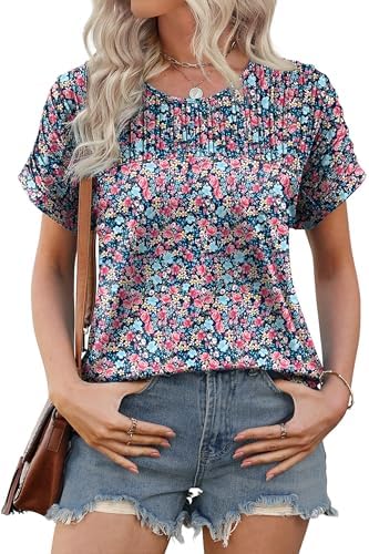 XIEERDUO Womens T Shirts Casual Summer Tops Pleated Crewneck Short Sleeve Blouses Trendy Beach Vacation Clothes
