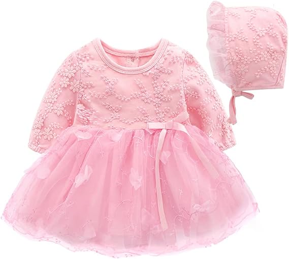 Newborn Infant Baby Girl Toddler Christmas Birthday Outfits Flower Print Soft Christening Baptism Dress with Bonnet