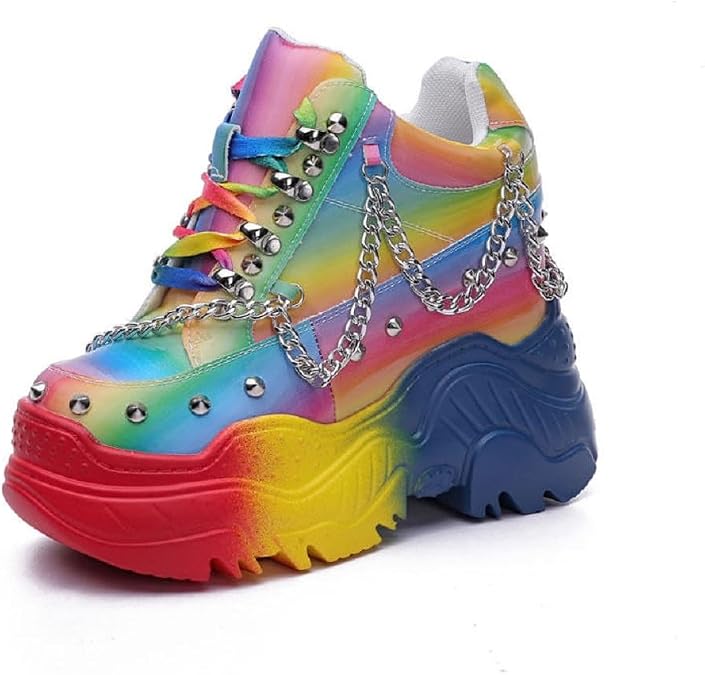Spring Autumn Height Increasing Platform Metal Chain Rivet Genuine Leather Women Rainbow Color Sneakers Shoes Ladies Wedges Pumps 2401